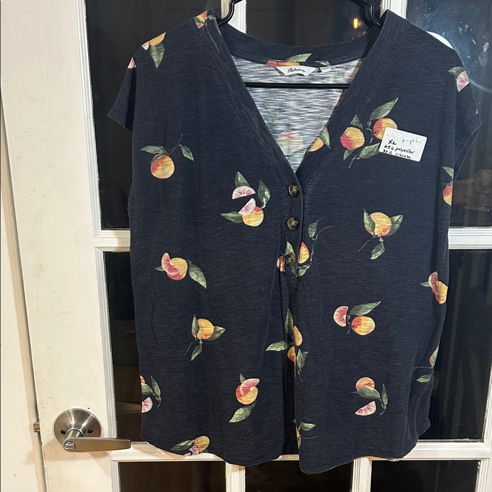 W100. Navy Fruit Print Button Front Top - Picture 1 of 4